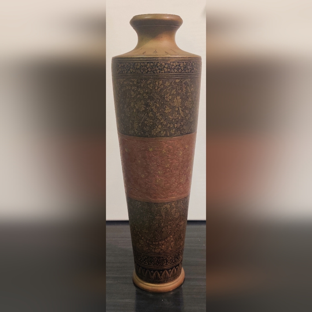 Vintage 1950's Indian Moradabad Brass Vase Etched Enamel 12" Heavy 2.8lb Boho
